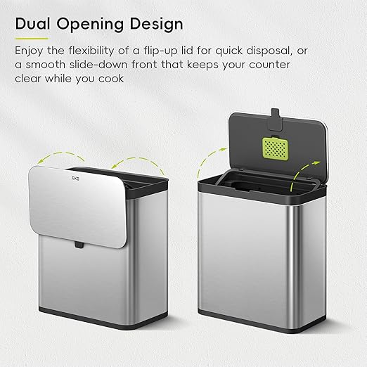 EKO Kitchen Compost Bin, 7L / 1.85 Gal Stainless Steel with Removable Inner Bucket and Deodorizer Compartment, 2-in-1 Countertop Compost Bin with Lid, Food Waste Caddy for Kitchen (MMT & Black Finish)