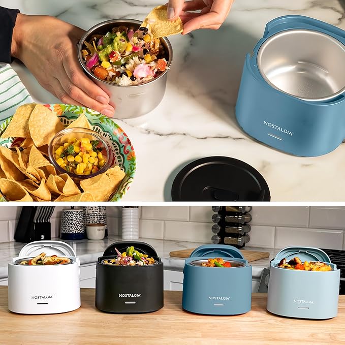 Nostalgia Portable Heated Lunch Box – 2.5-Cup Stainless Steel Food Warmer – Detachable Cord, Leak-Proof Lid, Carry Handle – Portable for Work & Travel – Ocean Blue