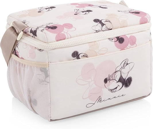 PICNIC TIME Disney Minnie Mouse Modern Lunch Cooler and Insulated Lunch Tote, Compact Lunch Bag with Adjustable Strap and Ice Pack Pocket, (Beige with Vintage Pink Sketch)