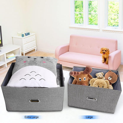 Large Linen Fabric Foldable Storage Bins with Removable Lid and Handles, Washable Storage Box Organizer Containers Baskets Cube with Cover for Bedroom,Closet,Office (Khaki, Extra Large)