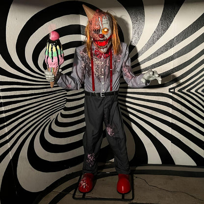 Haunted Hill Farm 6.5-Ft Animatronic I Scream Clown by Tekky, Halloween Animatronic, Creepy Party Decor, Indoor & Covered Outdoor Spooky Party Decoration Motion-Activated Lights & Sound, LifeSize