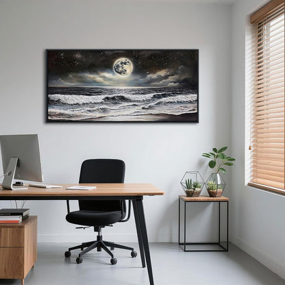 QZQCBLC Large Black Ocean Wall Art, White Sea Waves Moon Starry Clouds Canvas Print Paintings Artwork Beach Landscape Pictures for Living room Bedroom Home Office Wall Pictures Decor 24x48 IN