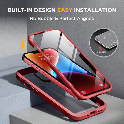 Miracase Glass Series Designed for iPhone 14 Plus Case 6.7 inch, 2023 Upgrade Full-Body Clear Bumper Case with Built-in 9H Tempered Glass Screen Protector and Camera Lens Protector,Red