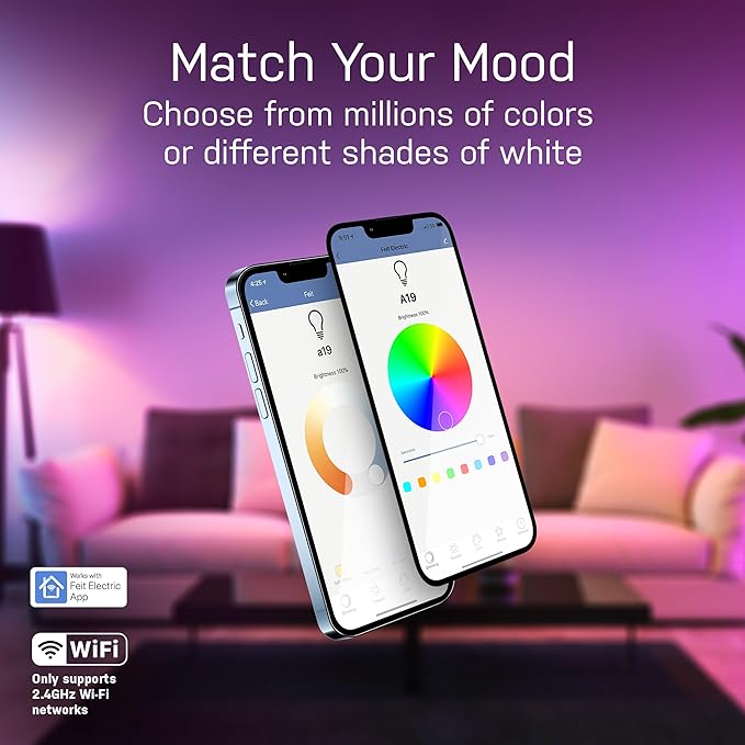 Feit Electric Smart Light Bulbs with RGBW Color Changing and Tunable White, 60W Replacement, Dimmable, Wi-fi Enabled, No Hub Needed, Works with Alexa and Google, OM60/RGBW/CA/AG/3, 3 Pack