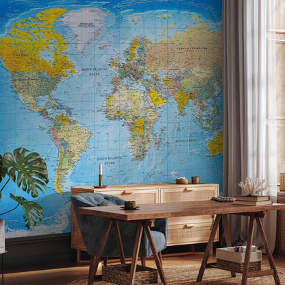artgeist Premium Wall Mural World Map 157x110 in - XXL Non-Woven Wallpaper Fleece Wall Decor Photo Print Picture Image Design Home Map of The World k-A-0109-a-a