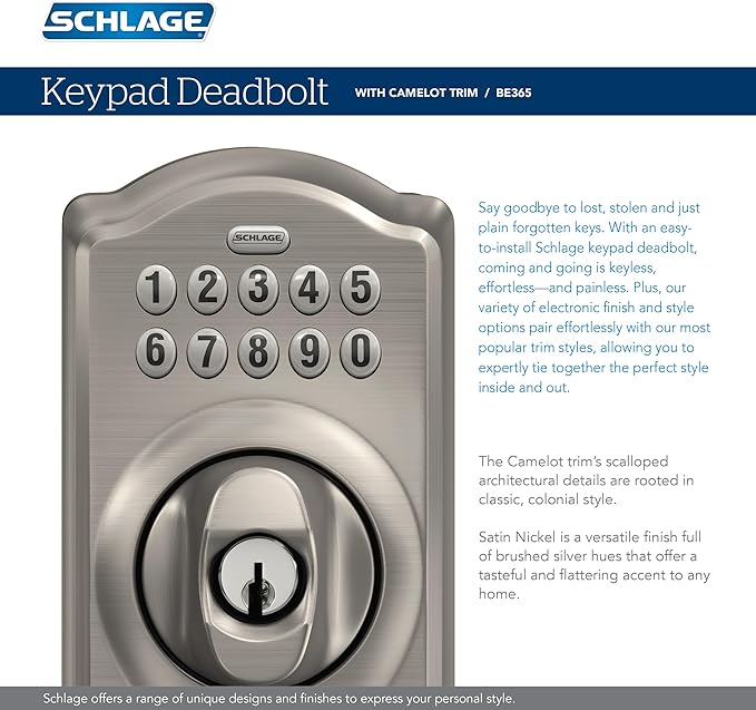 Schlage BE365 CAM 620 Camelot Keypad Deadbolt, Electronic Keyless Entry Lock, Antique Pewter