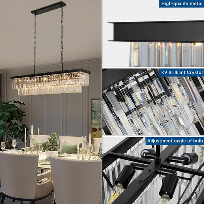 Crystal Chandeliers for Dining Room Light Fixtures Over Table，18-Lights Black Modern Rectangle Chandeliers for Kitchen Island Bar L46 Inch