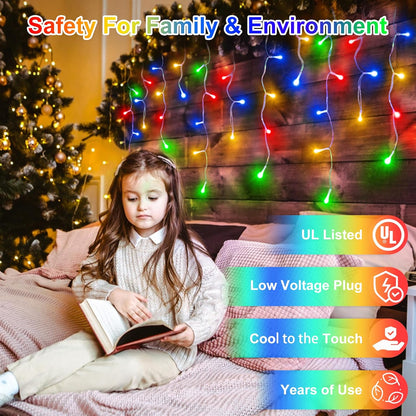 1296 LED Christmas Lights with 288 Drops, 131ft Christmas String Lights with 8 Modes, Waterproof Outdoor Decorations Fairy Lights with Timer Memory for Xmas Party Patio Window Fence Multicolor