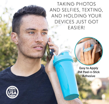 LOVEHANDLE Universal Phone Grip for Smartphones & Mini Tablets - Phone Holder for Hand - Wireless Charging Compatible - Made in The USA - Blue Happy Daisy