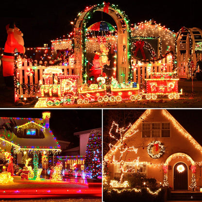 XTF2015 Christmas Outdoor Indoor Lights, 105ft 300 LED End to End Connected 9 Modes Timer Remote Christmas String Lights for Trees, Patio, Garden, Party, Wedding, Holiday (Warm White + Multicolor)