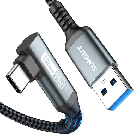 SUNGUY USB C Cable Right Angle 4FT, 10Gbps USB 3.1 Gen 2 to USB C Data Cable Compatible with iPhone 16/15 Series, Android Auto, Samsung Galaxy S24/S23, SSD, Huawei P30/P20, i-Pad Pro-Grey