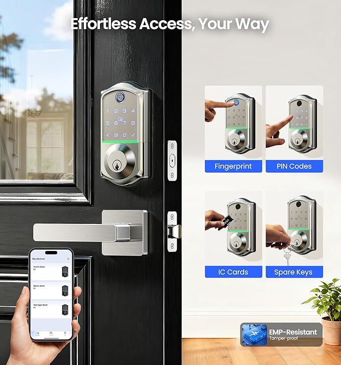 Veise VE017-B Fingerprint Smart Lock for Front Door, App Control, 8-in-1 Keyless Entry Deadbolt with 2 Zinc Alloy Lever Handles Set, Emergency Power Port, Auto Lock, Electronic Keypad, Satin Nickel