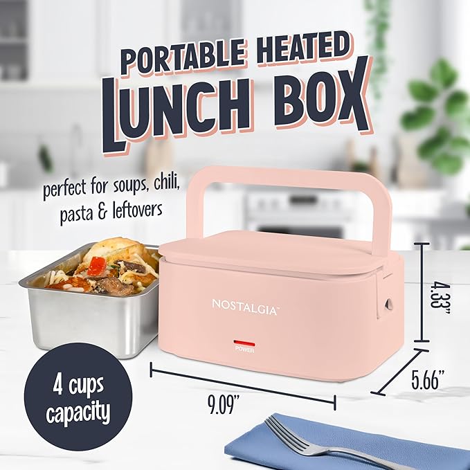 Nostalgia Portable Heated Lunch Box – 4-Cup Stainless Steel Food Warmer – Detachable Cord, Leak-Proof Lid, Carry Handle – Portable for Work & Travel – Cherry Blossom