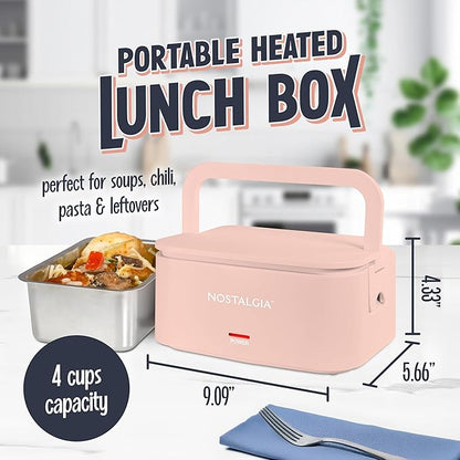 Nostalgia Portable Heated Lunch Box – 4-Cup Stainless Steel Food Warmer – Detachable Cord, Leak-Proof Lid, Carry Handle – Portable for Work & Travel – Cherry Blossom