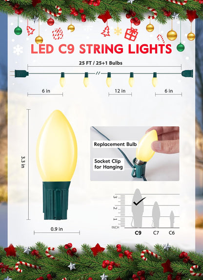 Vintage C9 LED Christmas Lights Outdoor, 25 Feet C9 String Lights with 25 Shatterproof Matte Bulbs, Connectable Waterproof Lights for Holiday Party Roofline Backyard Garden Patio, Warm White