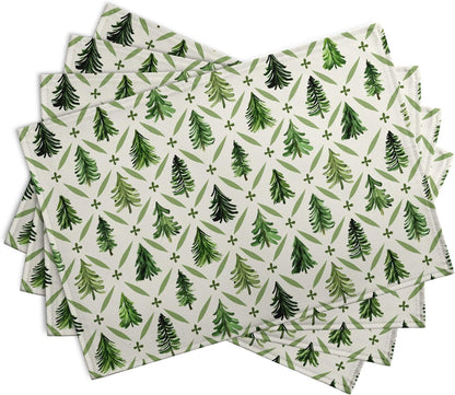 Sage Green Pine Tree Christmas Placemats Set of 4 Xmas Farmhouse Rustic Style Print Place Mat Seasonal Winter Holiday Linen Table Mats for Indoor Outdoor Kitchen Dining Party Decor