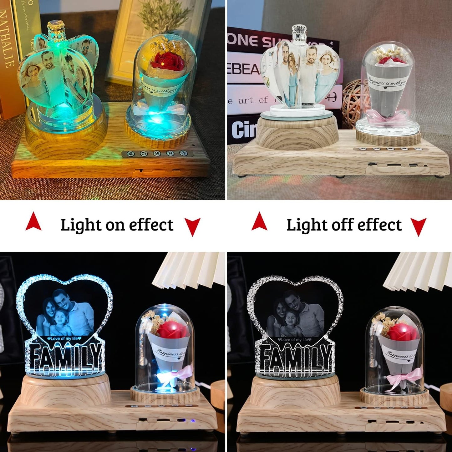 3D Crystal Photo, Heart-Shaped Love Photo Custom Night Light Personalized 3D Crystal Lamp with Bluetooth Rose Audio, Crystal Photo Frame Best Gift for Couple Love Women Men Wedding Christmas