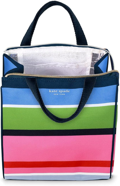kate spade new york Cute Lunch Bag for Women, Large Capacity Lunch Tote, Adult Lunch Box with Silver Thermal Insulated Interior Lining and Storage Pocket, Sunny Day Stripe