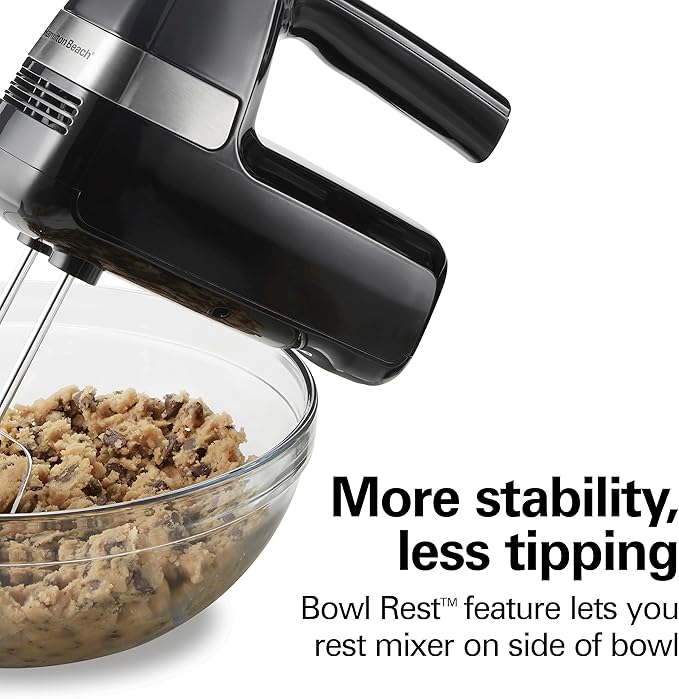 Hamilton Beach Electric Hand Mixer, 6 Speeds + Stir Button, 300 Watts of Peak Power for Powerful Mixing, Includes Whisk and Storage Clip, Black (62628)