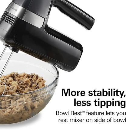 Hamilton Beach Electric Hand Mixer, 6 Speeds + Stir Button, 300 Watts of Peak Power for Powerful Mixing, Includes Whisk and Storage Clip, Black (62628)