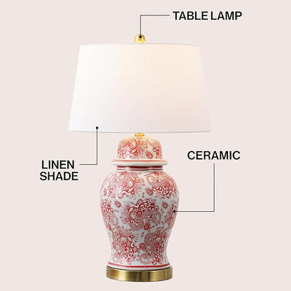 JONATHAN Y 29.5" Red/White Ceramic Table Lamp for Living Room and Office, White Linen Drum Shade, Traditional Chinoiserie Ginger Jar Lamp, LED Bulb Included (JYL3008C)