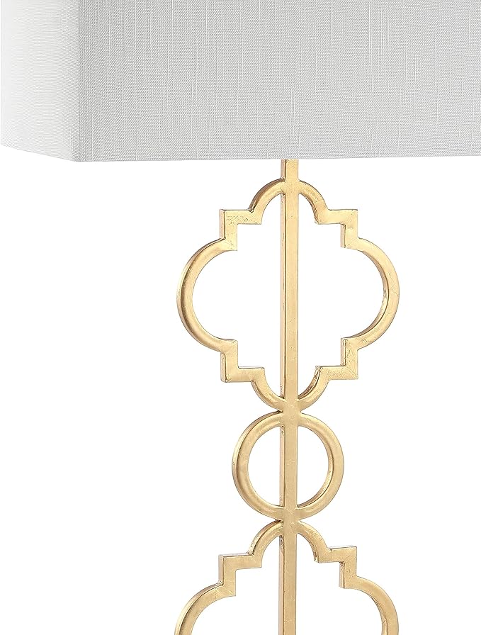JONATHAN Y 32" Gold Selina Ogee Trellis LED Table Lamp, Glam Modern Iron Geometric Lamp for Living Room Bedroom, White Linen Rectangle Shade, LED Bulb Included JYL3072A