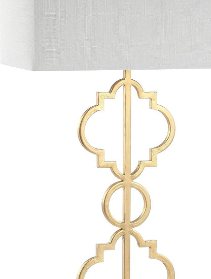 JONATHAN Y 32" Gold Selina Ogee Trellis LED Table Lamp, Glam Modern Iron Geometric Lamp for Living Room Bedroom, White Linen Rectangle Shade, LED Bulb Included JYL3072A