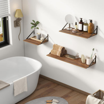 Deep Floating Shelves, 12 Inch Deep Floating Shelves for Wall, 24"W x 12"D Wall Shelves for Books, Large Rustic Wooden Shelf, Wide Display Shelf for Bathroom, Living Room, Walnut Color, Set of 2