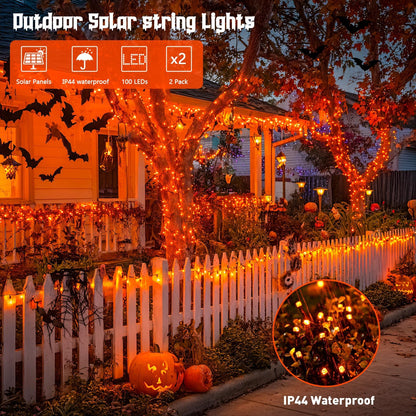 JMEXSUSS 2 Pack Orange Halloween Lights: 100 LED 33ft Solar Halloween Lights Outdoor Waterproof - 8 Modes Orange Solar Light for Christmas Outside Tree Gardens Fall Festival