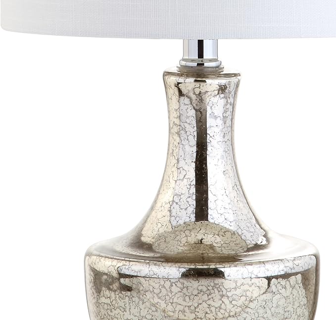 JONATHAN Y 20" Silver Glass Mini Table Lamp, Modern Bedside Lamp for Bedroom, White Linen Drum Shade, Teardrop Glass Base, LED Bulb Included, UL Listed (JYL1029B)