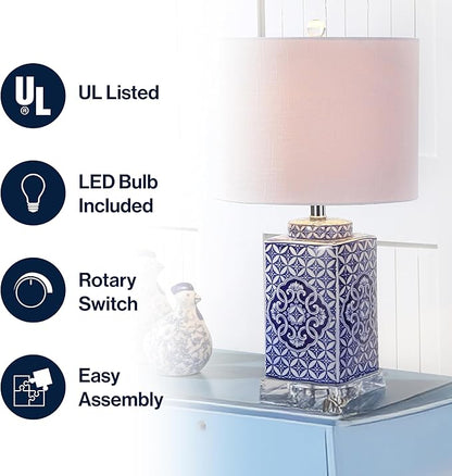 JONATHAN Y 23" Blue and White Chinoiserie Ceramic Table Lamp, Traditional Hand-Painted Bedside Lamp for Living Room Bedroom, White Linen Drum Shade, LED Bulb Included JYL3006A