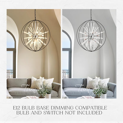 31.5" Black Chrome 16-Light Globe Sputnik Chandelier Modern Adjustable Hanging Ceiling Glass Tube Pendant Light Fixture for Entryway Foyer Stairway Dining Living Room Hallway