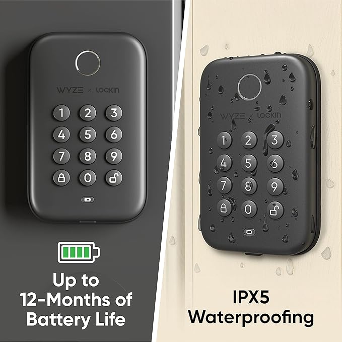 Wyze Auto-Lock Bolt, Fingerprint Keyless Entry Door Smart Bluetooth Deadbolt Replacement, Backlit Keypad, IPX5 Weatherproof, in-App History and Scheduled Access, BHMA, UL 20-Min Fire Rated