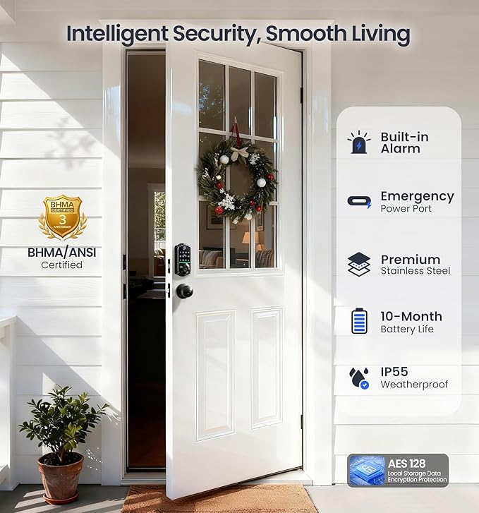Veise VE017-K Fingerprint Smart Lock with 2 Knobs, App Control, Keyless Entry Front Door Lock Set, Electronic Touchscreen Keypad Deadbolt, Emergency Power Port, Easy Install, Auto-Lock, Matte Black