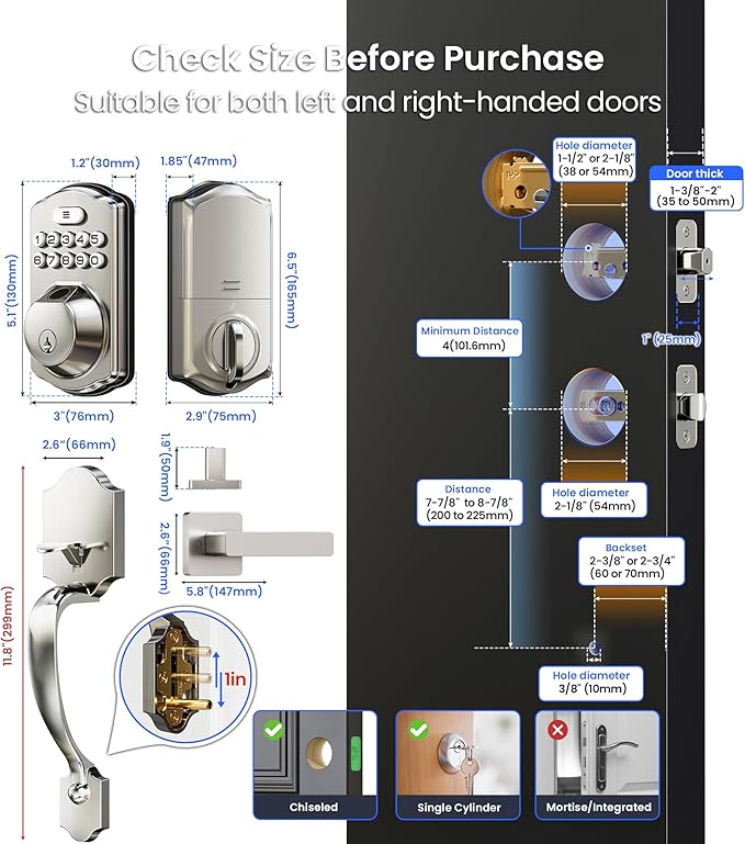 Veise VE012W-H WiFi Smart Front Door Lock Set, Built-in WiFi, App Remote & Voice Control, Fingerprint Keyless Entry Smart deadbolt with Handle, Backlit Keypad, Auto Lock, IP55 Waterproof, Satin Nickel
