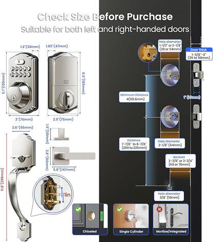 Veise VE012W-H WiFi Smart Front Door Lock Set, Built-in WiFi, App Remote & Voice Control, Fingerprint Keyless Entry Smart deadbolt with Handle, Backlit Keypad, Auto Lock, IP55 Waterproof, Satin Nickel