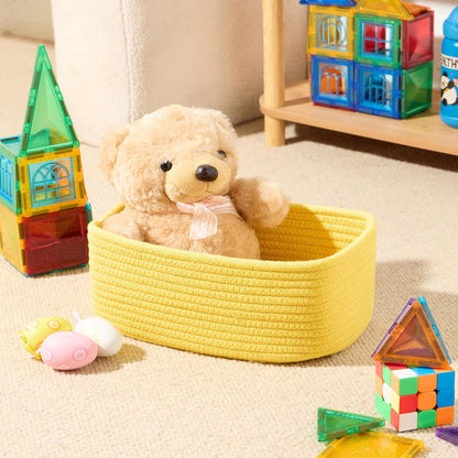 Small Storage Baskets for Organizing | Closet Organizer Bins | Shelf Toy Basket | Woven Rope Baskets | Cube Decorative Box | Shallow Basket | 11.5x7.5x4.7” | 3 Packs Yellow