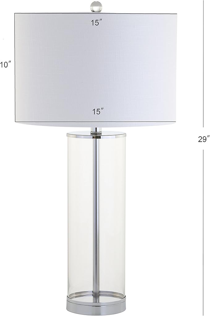 JONATHAN Y 29" Clear/Chrome Modern Glass Table Lamp for Living Room Bedroom, Minimalist Nightstand Bedside Lamp, White Linen Drum Shade, LED Bulb Included JYL2004A