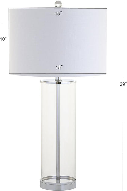 JONATHAN Y 29" Clear/Chrome Modern Glass Table Lamp for Living Room Bedroom, Minimalist Nightstand Bedside Lamp, White Linen Drum Shade, LED Bulb Included JYL2004A