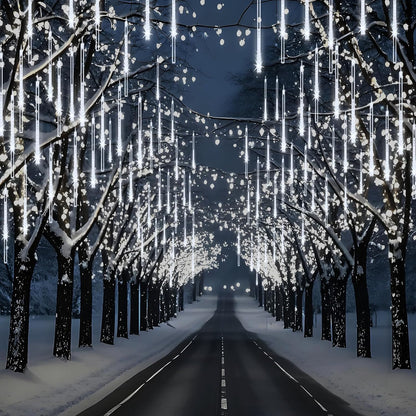 Christmas Lights Outdoor, Meteor Shower Lights 8 Tubes 192LED UL Certified Snow Falling Rain Cascading Icicle Light for Xmas Tree Christmas Decorations Outdoor Wedding Party Window, White
