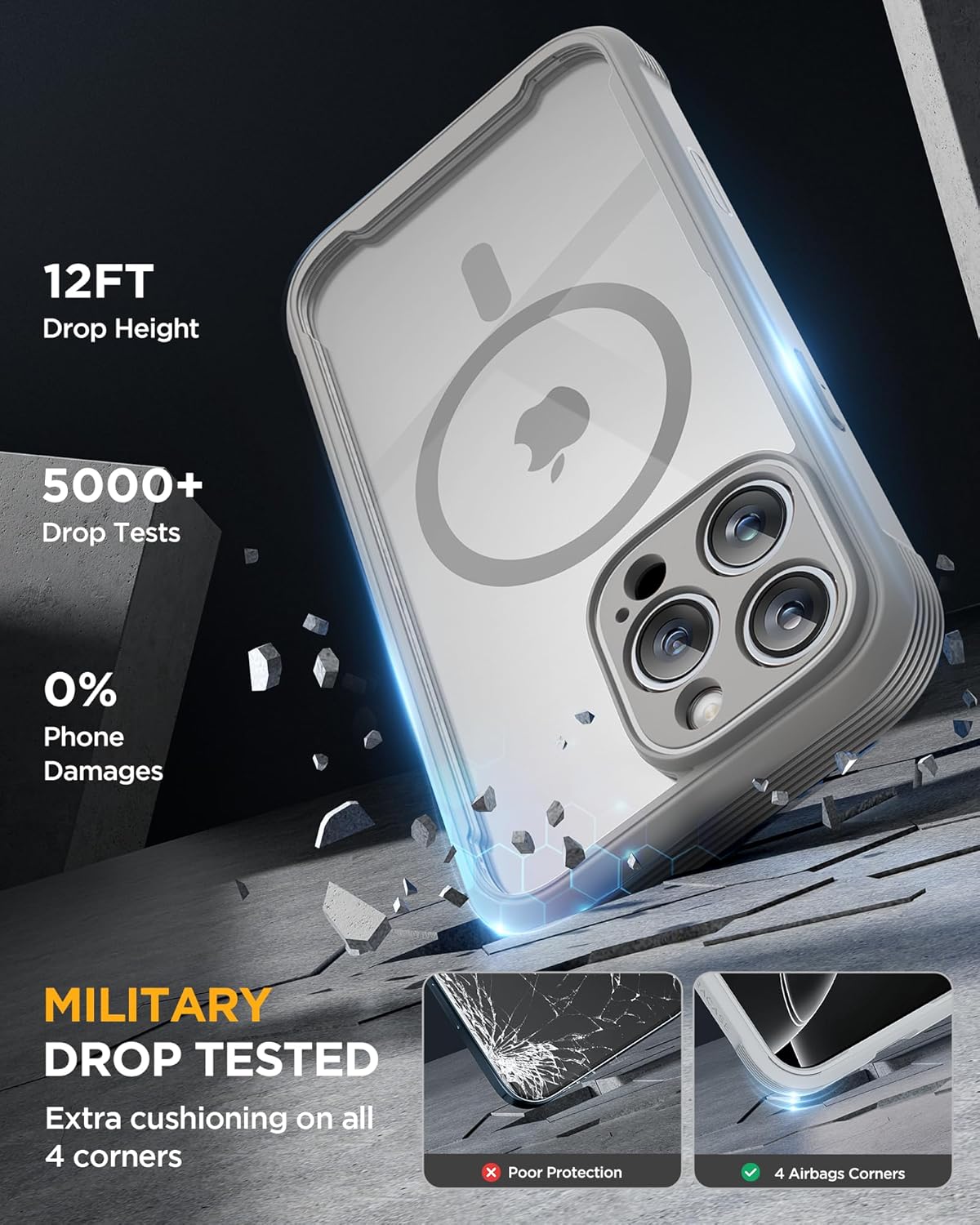 Miracase for iPhone 16 Pro Max Case 6.9'', [Bubble Free] Full-Body Phone case with Built-in Full Glass Screen &Lens Protector,Compatible with MagSafe,Drop Proof 16 Pro Max Cover, Grey