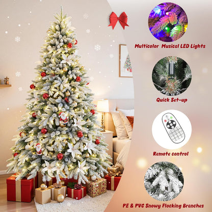 9ft Pre-lit Artificial Christmas Tree with Remote, Snow Flocked Xmas Trees Rotating & Foldable Stand, RGB & Warm White Light for Home Decor