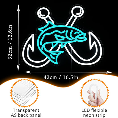 LISIGNVE Crossed Fish Hooks Neon Sign Fishing Led Neon Light for Wall Decor Fish On Light up Sign for Fishing Gear Store Yacht Gift for Father Boy(16.5 * 12.6 In)