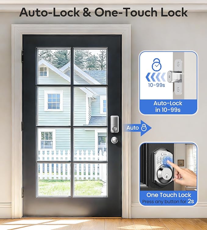 TEEHO TE001K Keyless Entry Door Lock with Handle, Electronic Keypad Deadbolt with 2 Knobs, High-Security Front Door Handle Set for Home & Rental, Smart Auto-Locking, Easy Install, Satin Nickel