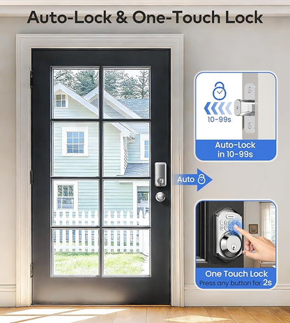 TEEHO TE001K Keyless Entry Door Lock with Handle, Electronic Keypad Deadbolt with 2 Knobs, High-Security Front Door Handle Set for Home & Rental, Smart Auto-Locking, Easy Install, Satin Nickel