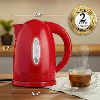 OVENTE Electric Kettle, 1.7L Fast Boiling Water Heater for Coffee or Tea, BPA Free with Water Level Gauge, Auto Shut-Off, Boil-Dry Protection, Indicator Light and Removable Filter, Red KP72R