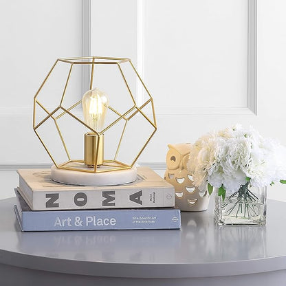 JONATHAN Y 10" Brass Gold Geometric Table Lamp, Midcentury Modern Metal Desk Lamp for Living Room Bedroom, White Marble Base, Glam Bedside Nightstand Light with LED Bulb JYL1047A