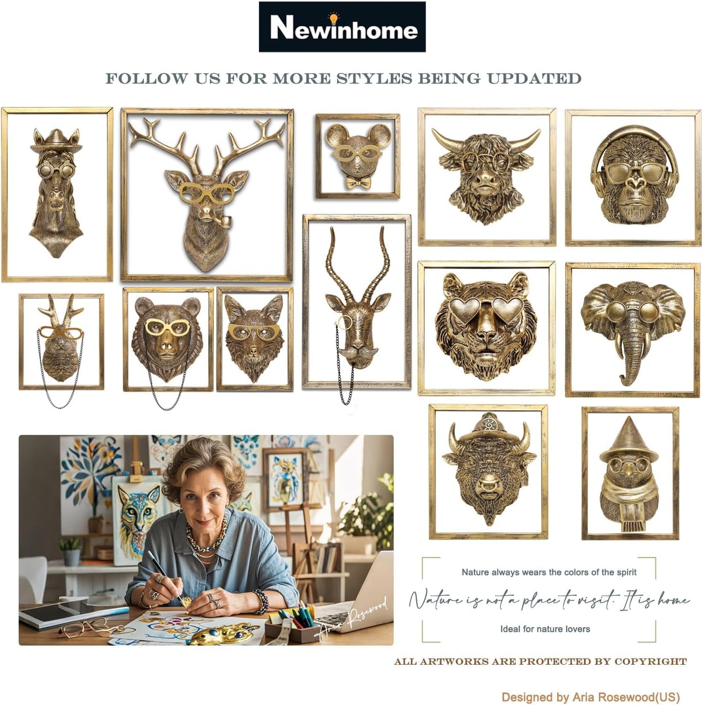 Animal Heads Wall Decor (Includes Metal Frame) Resin Animals Sculptures Head Wall Hanging Decoration Gold vintage Wall Sculpture for Living Room Bedroom Office (Penguin)