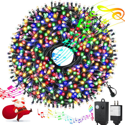 Music Motion Sensor Christmas String Lights 105FT 300 LED，Multicolour Christmas Tree Lights，End to End Plug In 6 Modes Decorative Light, No Timer；Waterproof for Indoor Outdoor Tree Party Decor