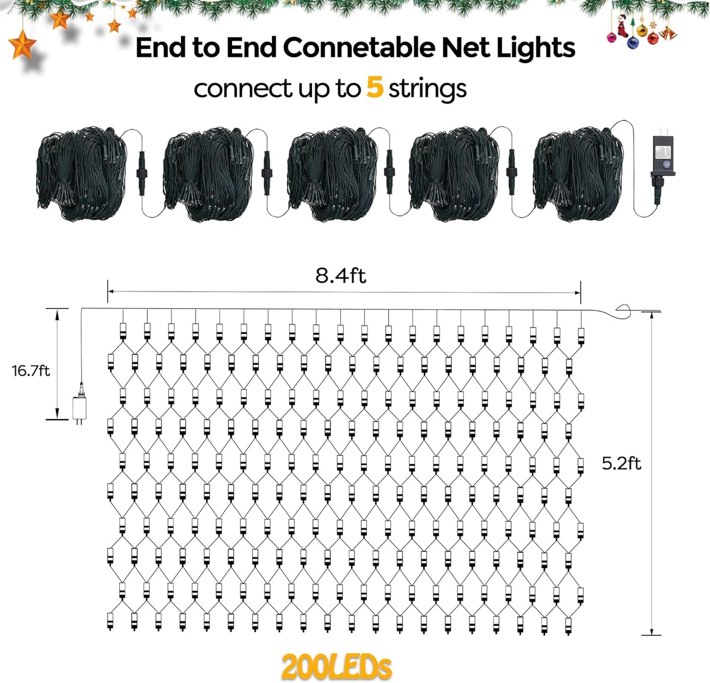 WBao Christmas Lights, 200LED 8.4ft x 5.2ft Net Lights Outdoor Mesh Light with 8 Modes, Timer, UL Certified, End to End Connectable, Waterproof for Lawn, Bushes Outdoor Christmas Decorations, Blue